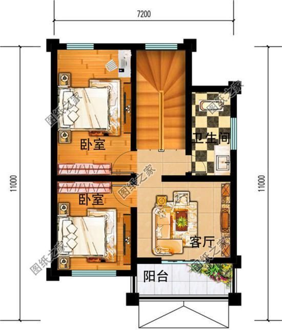 图纸介绍:这款二层别墅占地仅70平米左右,户型紧凑合理,是宅基地小