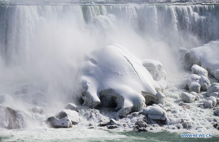 Ice and snow covered Niagara Falls is seen at the base of the Canadian side of Niagara Falls in Ontario, Canada, on March 2, 2021. (Photo by Zou Zheng/Xinhua)