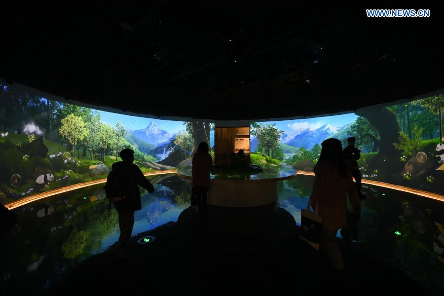 People visit the Chengdu Giant Panda Museum in Chengdu, southwest China's Sichuan Province, March 3, 2021. A giant panda-themed museum offering visitors an interactive experience opened to the public on Wednesday in Chengdu, capital of Sichuan Province. Surrounded by huge walls of touch-sensitive screens and meticulously-designed settings, the Chengdu Giant Panda Museum provides an immersive experience while demonstrating various interesting facts about the precious species as well as its history, habits and China's panda preservation efforts. The museum spanning an area of 7,179 square meters with seven exhibit sections, has been built by the Chengdu Research Base of Giant Panda Breeding. (Xinhua/Xu Bingjie)