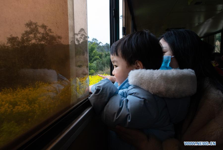 A child views scenery through the window of a steam train in Qianwei County, southwest China's Sichuan Province, March 2, 2021. The old-fashioned steam train, running on a narrow gauge railway in Qianwei County, serves mainly in sightseeing. As increasing number of tourists visit the county in recent years, the train itself has become an attraction providing a journey of reminiscence. (Xinhua/Liu Mengqi)