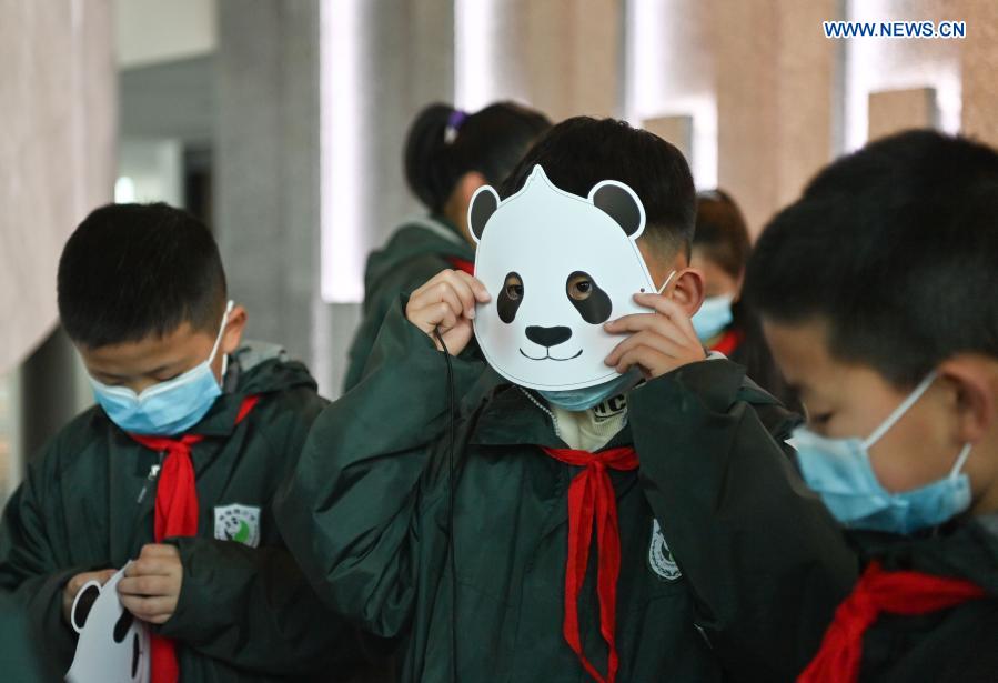 A student puts on a giant panda-shaped mask at the Chengdu Giant Panda Museum in Chengdu, southwest China's Sichuan Province, March 3, 2021. A giant panda-themed museum offering visitors an interactive experience opened to the public on Wednesday in Chengdu, capital of Sichuan Province. Surrounded by huge walls of touch-sensitive screens and meticulously-designed settings, the Chengdu Giant Panda Museum provides an immersive experience while demonstrating various interesting facts about the precious species as well as its history, habits and China's panda preservation efforts. The museum spanning an area of 7,179 square meters with seven exhibit sections, has been built by the Chengdu Research Base of Giant Panda Breeding. (Xinhua/Xu Bingjie)