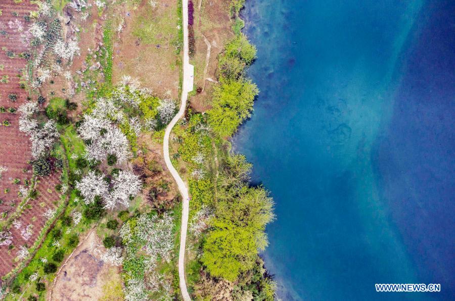 Aerial photo taken on March 4, 2021 shows the early spring scenery of Qiulin Village in Bijie, southwest China's Guizhou Province. (Photo by Fan Hui/Xinhua)