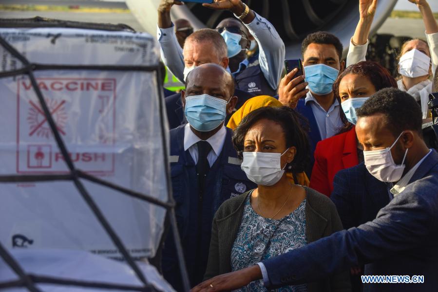 Ethiopian Minister of Health Lia Tadesse attends an arrival ceremony for the COVID-19 vaccines from COVAX at Bole international airport in Addis Ababa, Ethiopia, March 7, 2021. Ethiopia on Sunday received its first 2.2 million COVID-19 vaccines from COVAX, crucial in the east African country's fight to stop the spread of the pandemic. (Photo by Michael Tewelde/Xinhua)