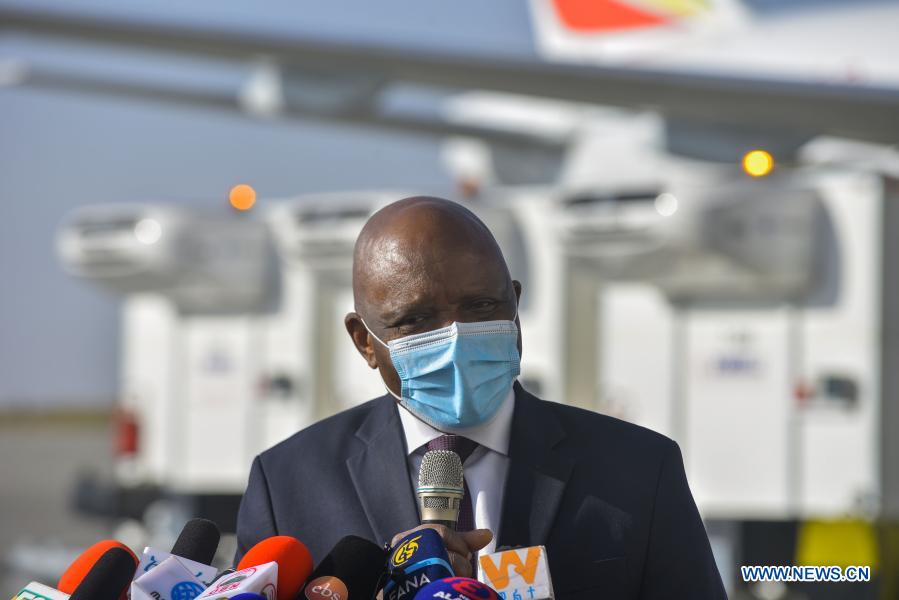 John Nkengasong, the Africa Centers for Disease Control and Prevention (Africa CDC) Director, speaks at an arrival ceremony for the COVID-19 vaccines from COVAX at Bole international airport in Addis Ababa, Ethiopia, March 7, 2021. Ethiopia on Sunday received its first 2.2 million COVID-19 vaccines from COVAX, crucial in the east African country's fight to stop the spread of the pandemic. (Photo by Michael Tewelde/Xinhua)