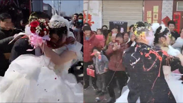 又见恶俗婚礼!新娘被怼脸狂喷彩带,新娘生气直接发飙!