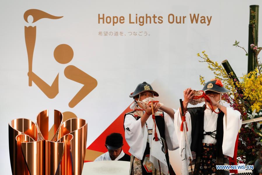 Members of Shinehago Equestrian Association perform during the opening ceremony on the first day of the Tokyo 2020 Olympic torch relay in Naraha, Fukushima of Japan, on March 25, 2021. (Kim Kyung-Hoon/Pool via Xinhua)