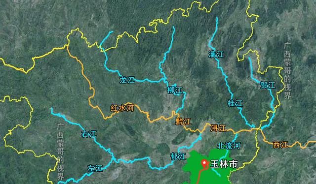 卫星图看广西玉林市北流河与南流江穿境而过
