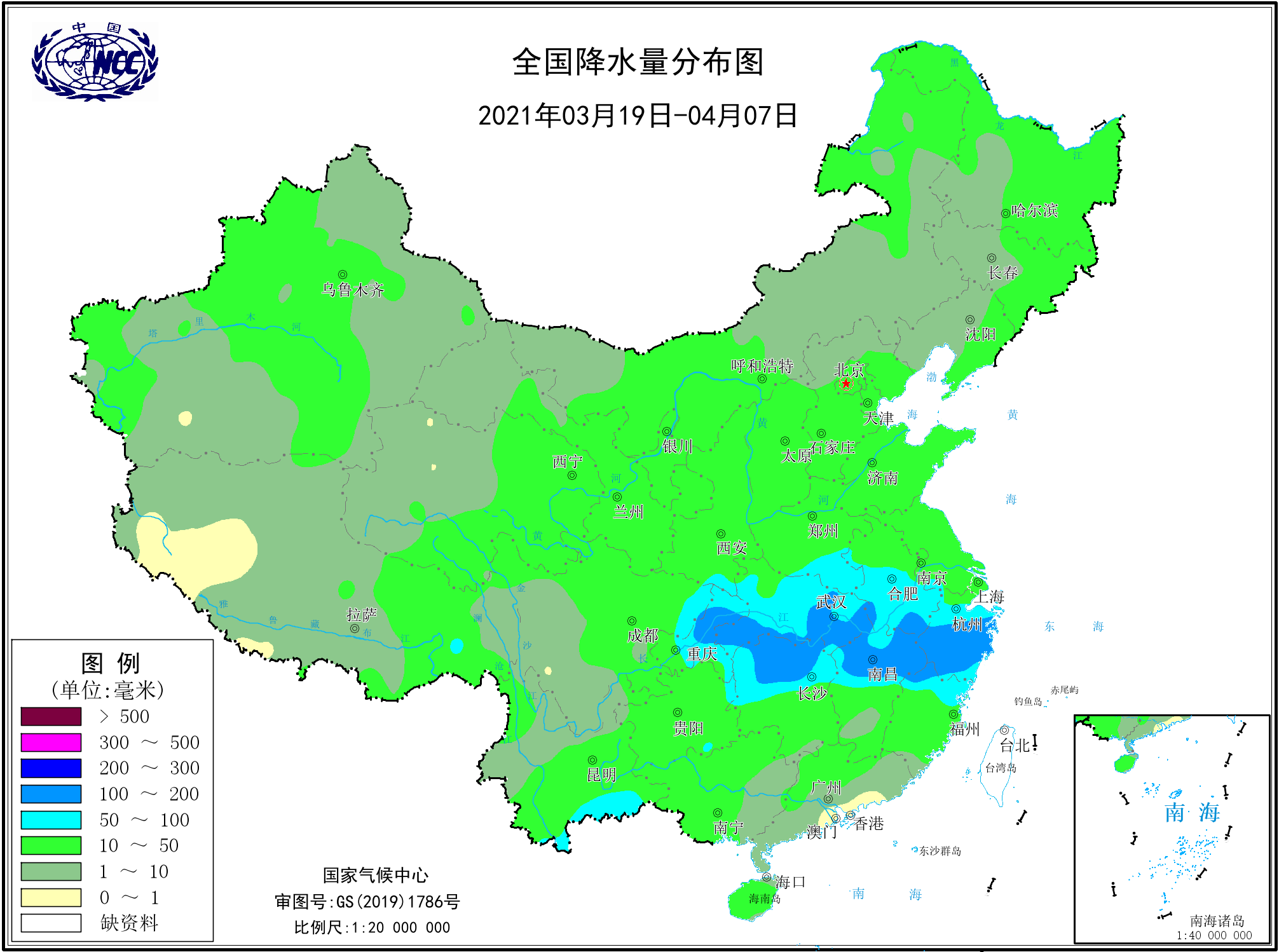 雨雪不断,从最近20天(20201年3月19日-4月7日)的全国降水量分布图上看