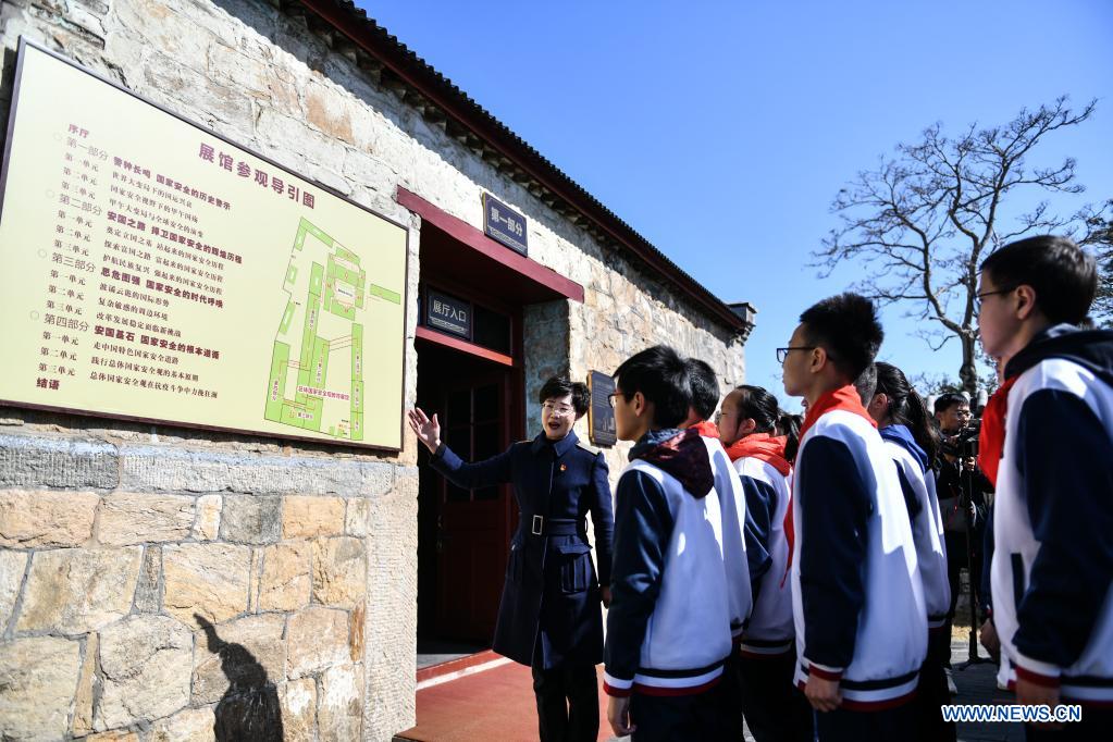 Students visit an education and training base on Liugong Island in the city of Weihai, east China's Shandong Province, April 13, 2021. Primary and secondary school students take part in educational activities ahead of the National Security Education Day that falls on April 15. (Xinhua/Zhu Zheng)