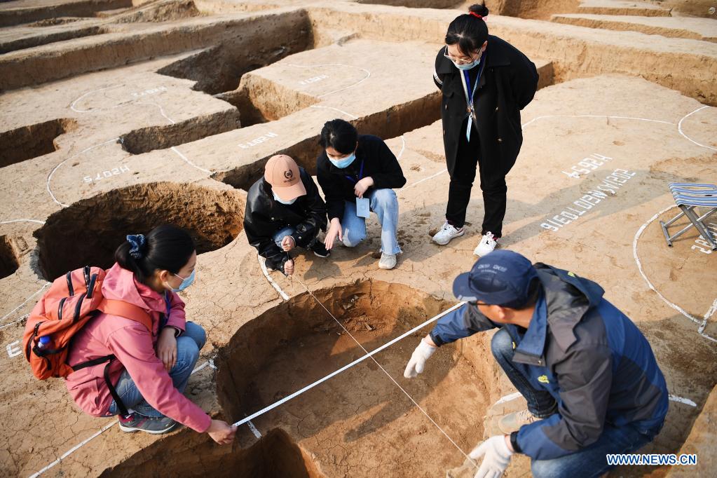 Shen Wenxi teaches archeological enthusiasts to measure a pit in Anyang, central China's Henan Province, April 8, 2021. Anyang is listed as one of the 