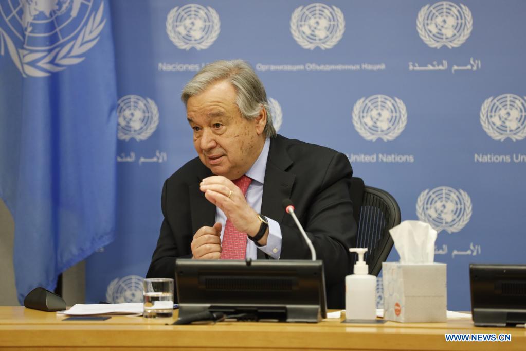 UN Secretary-General Antonio Guterres attends the joint hybrid press conference to launch the State of the Global Climate in 2020 Report at the UN headquarters in New York, on April 19, 2021. Guterres on Monday called for specific commitments and real action to fight climate change after speaking out about the severity of the climatic disruptions that have raged the planet. (Xinhua/Xie E)