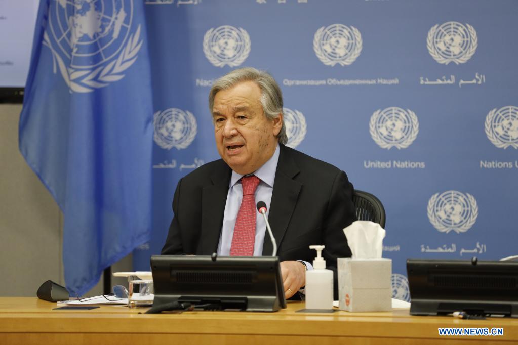 UN Secretary-General Antonio Guterres attends the joint hybrid press conference to launch the State of the Global Climate in 2020 Report at the UN headquarters in New York, on April 19, 2021. Guterres on Monday called for specific commitments and real action to fight climate change after speaking out about the severity of the climatic disruptions that have raged the planet. (Xinhua/Xie E)
