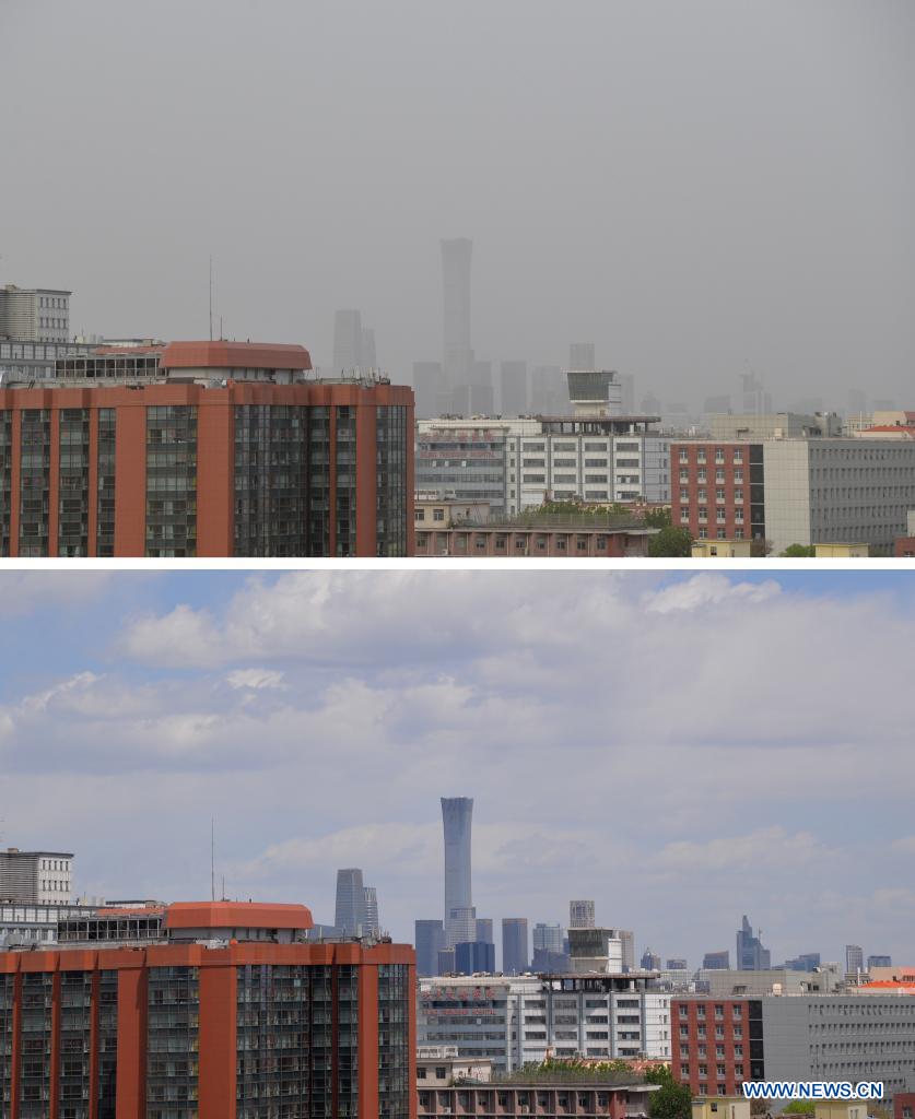 Combo photo shows the view of the Central Business District (CBD) shrouded in dust in Beijing, capital of China, May 6, 2021 (up), and the CBD on May 1, 2021. Floating sand and dust affected Beijing from Thursday noon time. (Xinhua/Xu Qin)