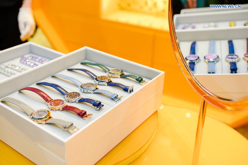 Photo taken on May 7, 2021 shows wrist watches displayed at the first China International Consumer Products Expo in Haikou, capital of south China's Hainan Province. Covering 80,000 square meters, the expo is the largest consumer goods expo in the Asia-Pacific region, according to the organizers. (Xinhua/Zhou Jiayi)