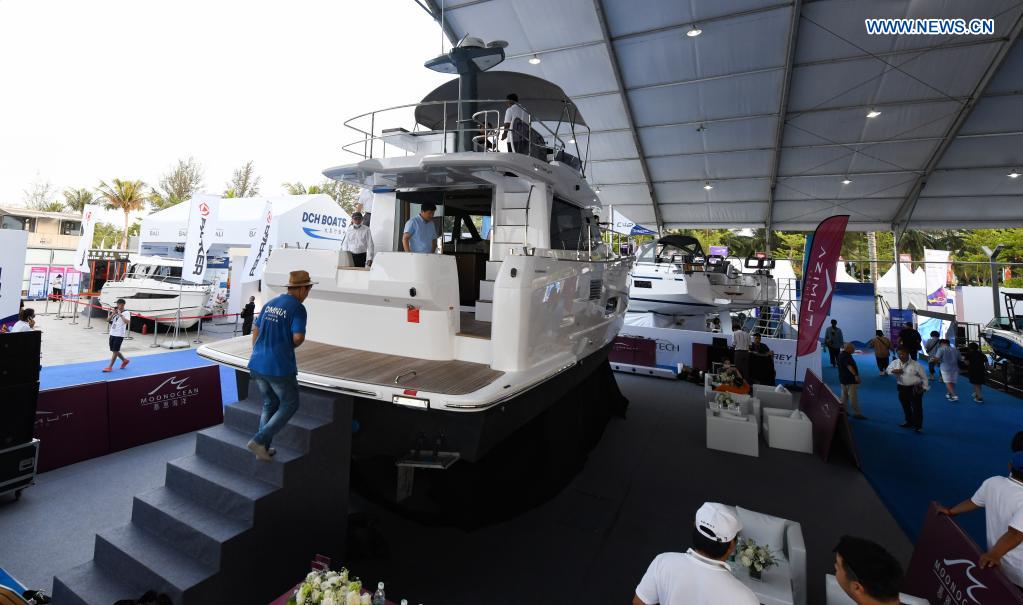 Yachts are displayed at a yacht show during the first China International Consumer Products Expo in Haikou, capital of south China's Hainan Province, May 7, 2021. The yacht show, part of the first China International Consumer Products Expo, opened on Friday at the Haikou National Sailing Base Public Wharf in Haikou, featuring a total of 107 yachts in 58 brands. The expo kicked off here on Thursday. (Xinhua/Yang Guanyu)