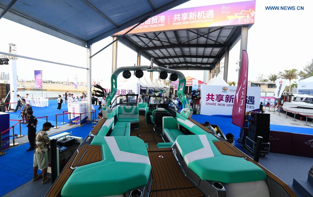 Visitors tour a yacht show during the first China International Consumer Products Expo in Haikou, capital of south China's Hainan Province, May 7, 2021. The yacht show, part of the first China International Consumer Products Expo, opened on Friday at the Haikou National Sailing Base Public Wharf in Haikou, featuring a total of 107 yachts in 58 brands. The expo kicked off here on Thursday. (Xinhua/Yang Guanyu)