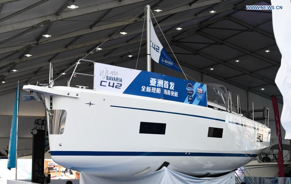 A yacht is displayed at a yacht show during the first China International Consumer Products Expo in Haikou, capital of south China's Hainan Province, May 7, 2021. The yacht show, part of the first China International Consumer Products Expo, opened on Friday at the Haikou National Sailing Base Public Wharf in Haikou, featuring a total of 107 yachts in 58 brands. The expo kicked off here on Thursday. (Xinhua/Yang Guanyu)