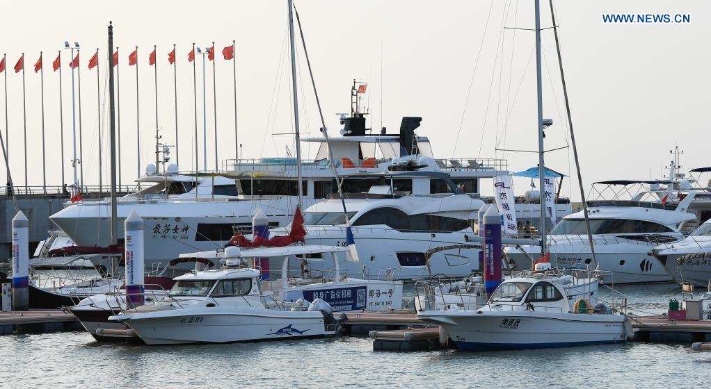 Yachts are displayed at a yacht show during the first China International Consumer Products Expo in Haikou, capital of south China's Hainan Province, May 7, 2021. The yacht show, part of the first China International Consumer Products Expo, opened on Friday at the Haikou National Sailing Base Public Wharf in Haikou, featuring a total of 107 yachts in 58 brands. The expo kicked off here on Thursday. (Xinhua/Yang Guanyu)