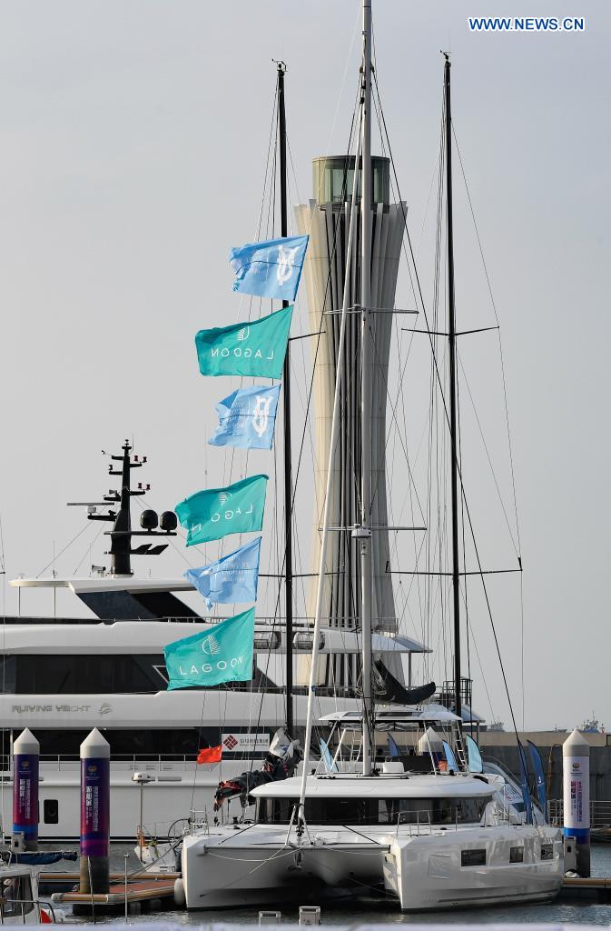 Yachts are displayed at a yacht show during the first China International Consumer Products Expo in Haikou, capital of south China's Hainan Province, May 7, 2021. The yacht show, part of the first China International Consumer Products Expo, opened on Friday at the Haikou National Sailing Base Public Wharf in Haikou, featuring a total of 107 yachts in 58 brands. The expo kicked off here on Thursday. (Xinhua/Yang Guanyu)