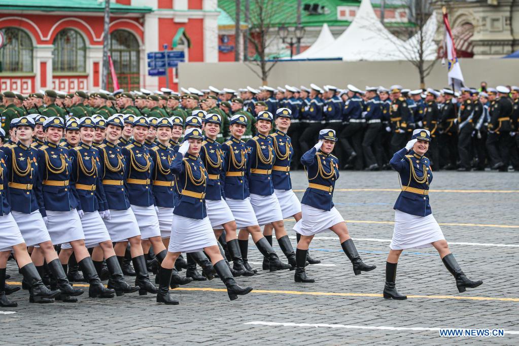 Servicewomen march during the military parade marking the 76th anniversary of the Soviet victory in the Great Patriotic War, Russia's term for World War II, on Red Square in Moscow, Russia, May 9, 2021. (Xinhua/Evgeny Sinitsyn)