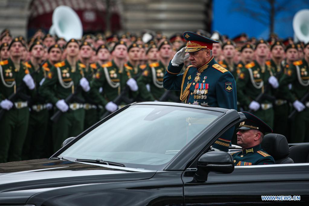 Russian Defense Minister Sergey Shoigu salutes to the servicemen during the military parade marking the 76th anniversary of the Soviet victory in the Great Patriotic War, Russia's term for World War II, on Red Square in Moscow, Russia, May 9, 2021. (Xinhua/Evgeny Sinitsyn)
