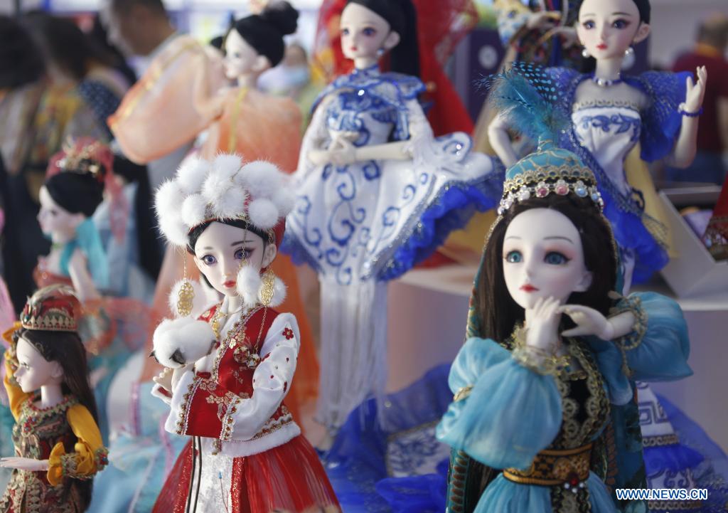 Photo taken on May 9, 2021 shows toys from northwest China's Xinjiang Uygur Autonomous Region displayed at the first China International Consumer Products Expo in Haikou, capital of south China's Hainan Province. Domestic exhibits with Chinese characteristics are quite a sight at the Expo, not only meeting the needs of consumers, but also reflecting the unique charm of Chinese culture. (Xinhua/Ding Hongfa)