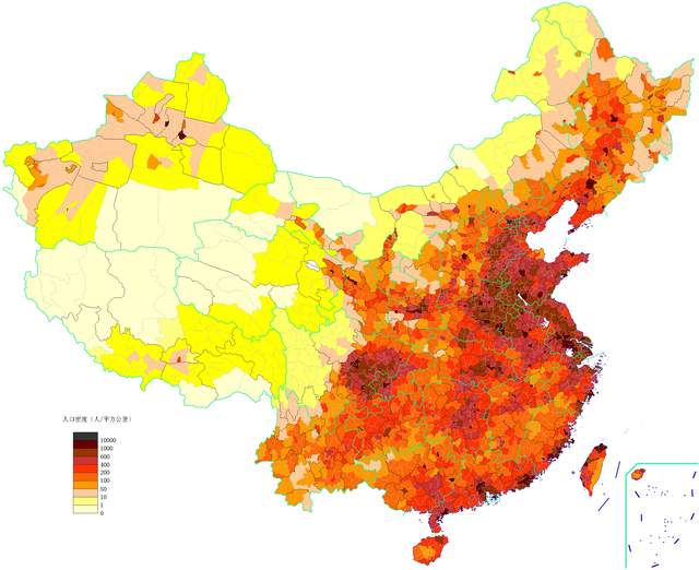 中国人口密度分布图