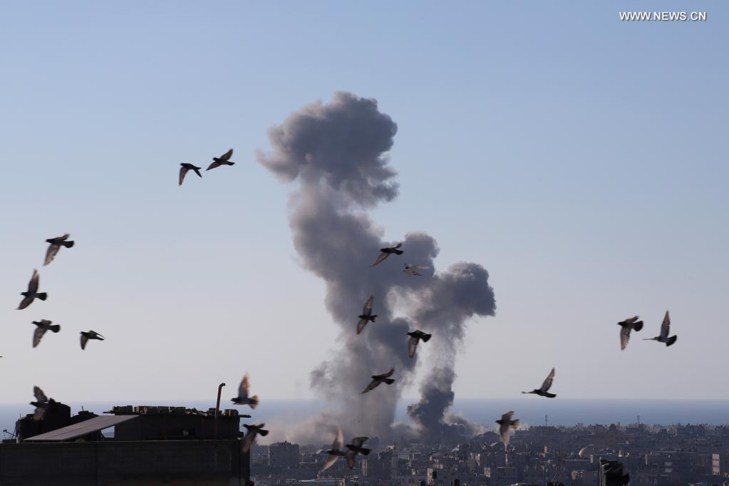 Photo taken on May 13, 2021 shows explosions following Israeli airstrikes in the southern Gaza Strip city of Rafah. Thursday was another day of intense fighting between Israel and Hamas, as more than 1,700 missiles have been fired from the Gaza Strip into Israel in the last three days while the Israeli military has conducted hundreds of airstrikes in Gaza. (Photo by Khaled Omar/Xinhua)