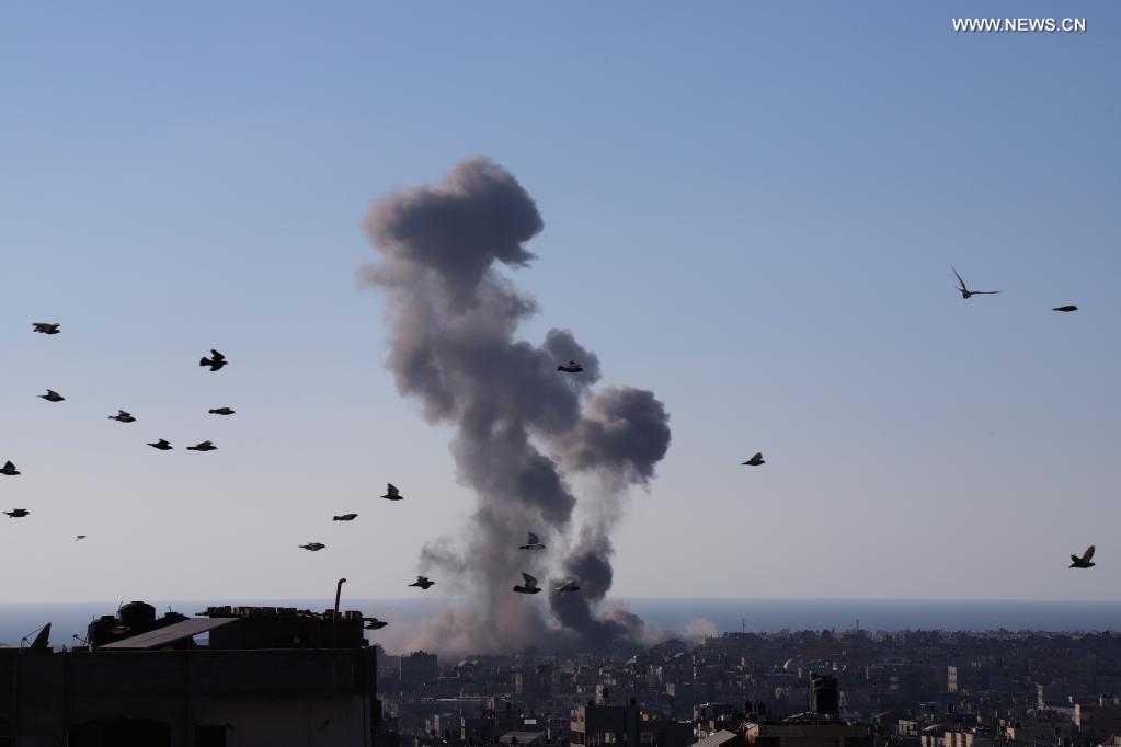 Photo taken on May 13, 2021 shows explosions following Israeli airstrikes in the southern Gaza Strip city of Rafah. Thursday was another day of intense fighting between Israel and Hamas, as more than 1,700 missiles have been fired from the Gaza Strip into Israel in the last three days while the Israeli military has conducted hundreds of airstrikes in Gaza. (Photo by Khaled Omar/Xinhua)