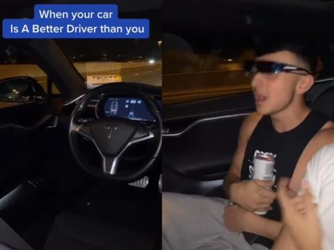 外国网红特斯拉车内喝酒嗨翻，开启自动驾驶时速105公里