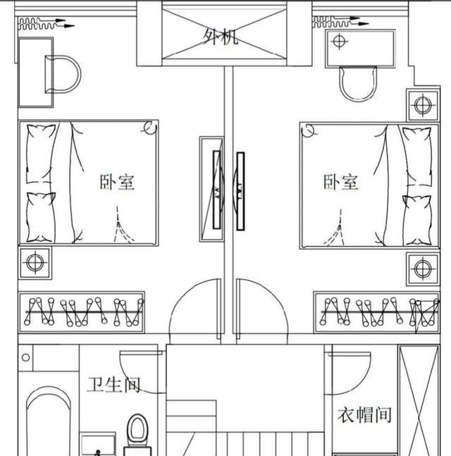 改造后的二层平面图两个卧室相邻布置,主打黑白灰色系.