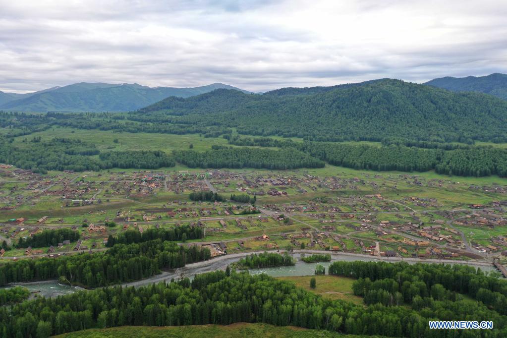 Aerial photo taken on June 9, 2021 shows a view of Hemu Village of Kanas, northwest China's Xinjiang Uygur Autonomous Region. (Xinhua/Sadat)