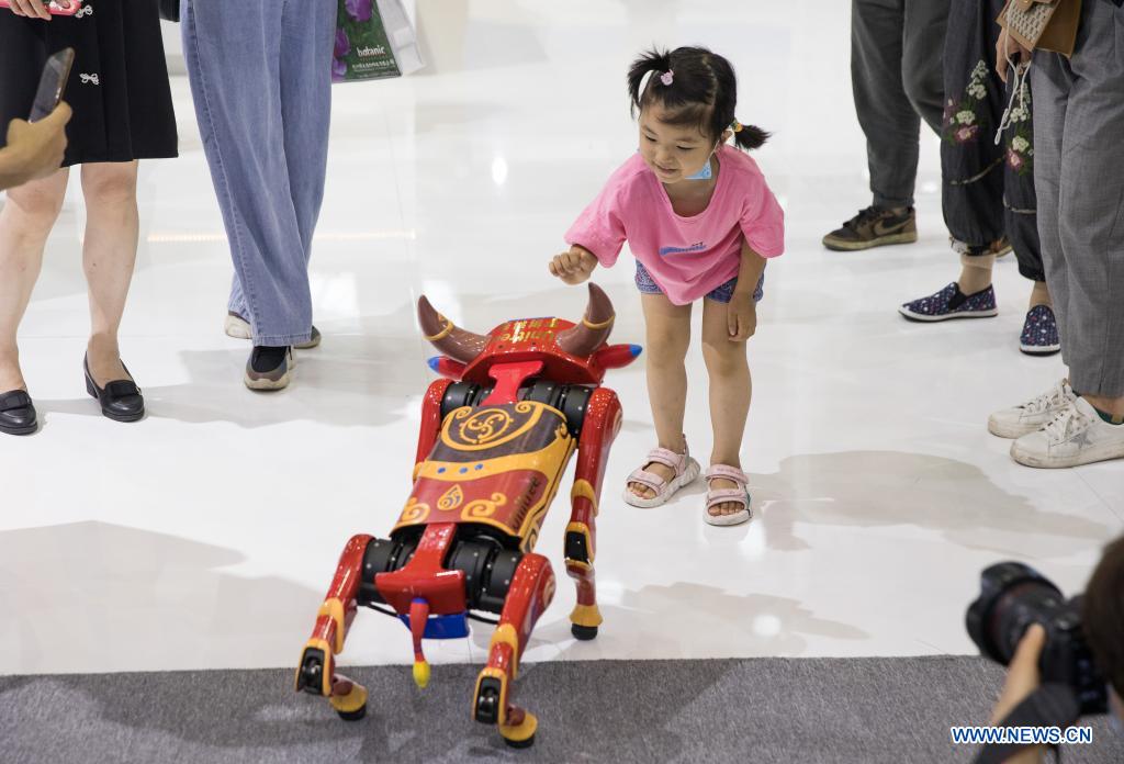 A child interacts with a cattle-shaped robot at the second China-Central and Eastern European Countries (CEEC) Expo in Ningbo, east China's Zhejiang Province, June 9, 2021. The expo opened to public visitors on Wednesday. Themed 