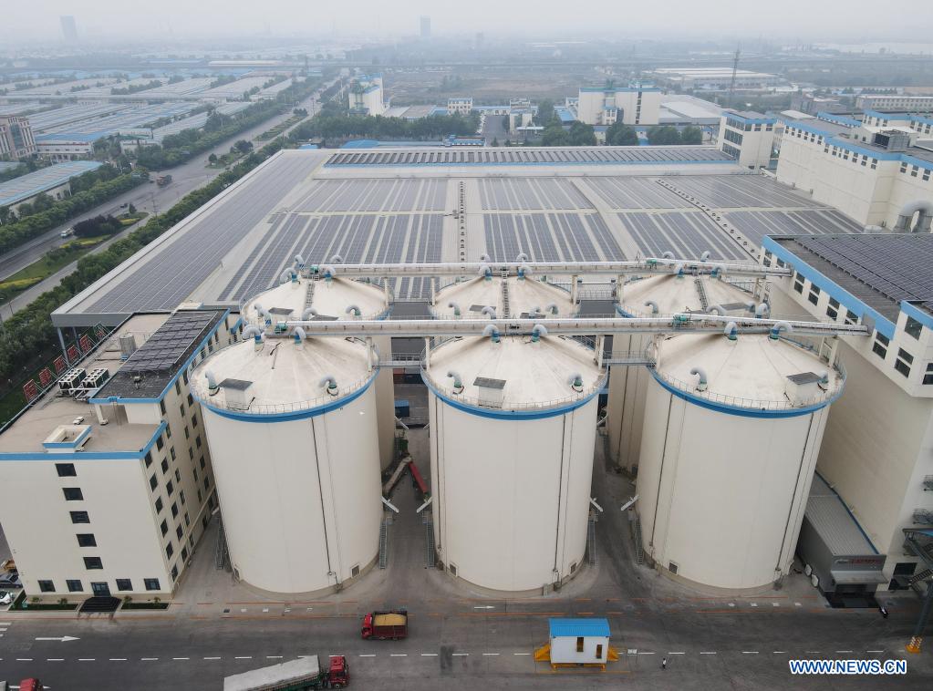 Aerial photo shows the grain silos and worshops of a local noodle factory in Xingtai, north China's Hebei Province, June 9, 2021. With the summer wheat harvest underway, farmers in north China's Xingtai have been busy in the fields to reap the year's premium grains. In Xingtai, a total of 65 farmers have joined the Jinshahe specialized cooperative that provides them with technical guidance in crop harvesting. The cooperative will sell freshly harvested crops to a local noodle factory where staple products are made and sold to customers. (Xinhua/Jin Haoyuan)