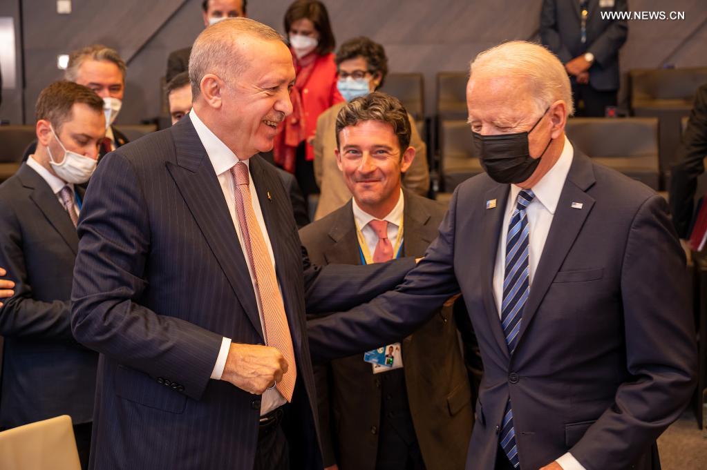 U.S. President Joe Biden (R, Front) talks with Turkish President Recep Tayyip Erdogan (L, Front) during a NATO summit at NATO headquarters in Brussels, Belgium, on June 14, 2021. Leaders of the North Atlantic Treaty Organization (NATO) held a face-to-face summit on Monday to show their unity and agreed on the 