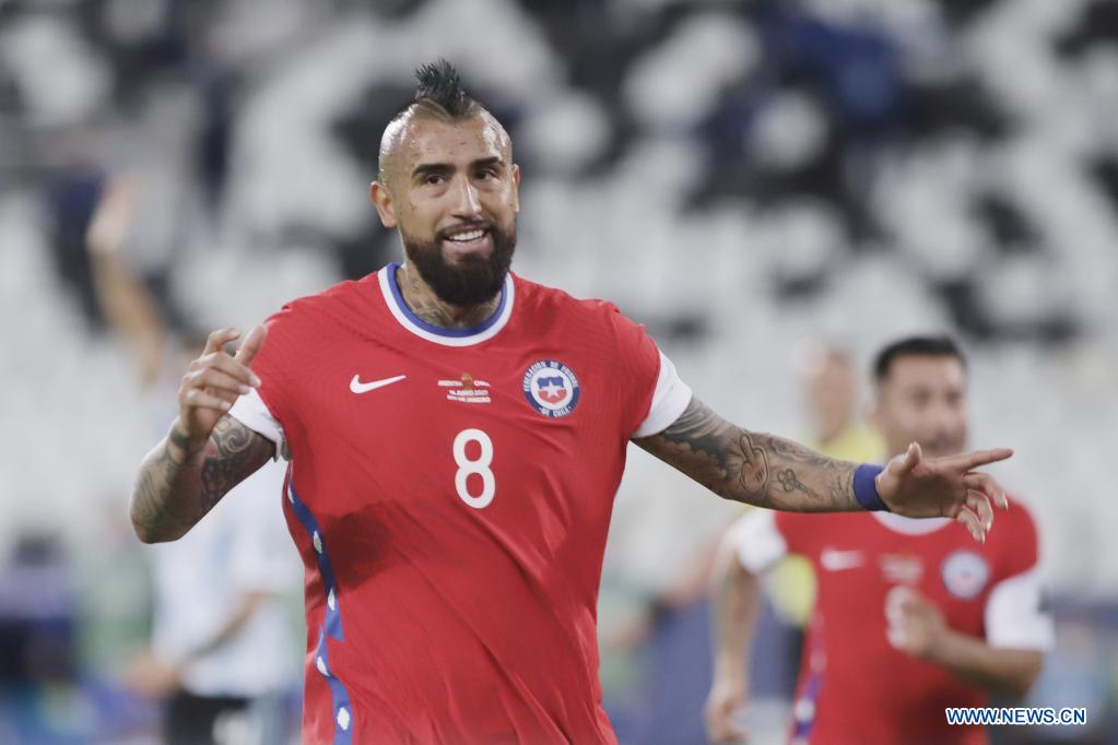 Arturo Vidal of Chile celebrates during the Group A match between Argentina and Chile at the 2021 Copa America in Brasilia, Brazil, June 14, 2021. (Xinhua/Rahel Patrasso)