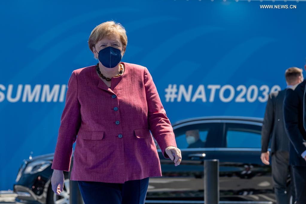 German Chancellor Angela Merkel arrives for a NATO summit at NATO headquarters in Brussels, Belgium, on June 14, 2021. Leaders of the North Atlantic Treaty Organization (NATO) held a face-to-face summit on Monday to show their unity and agreed on the 