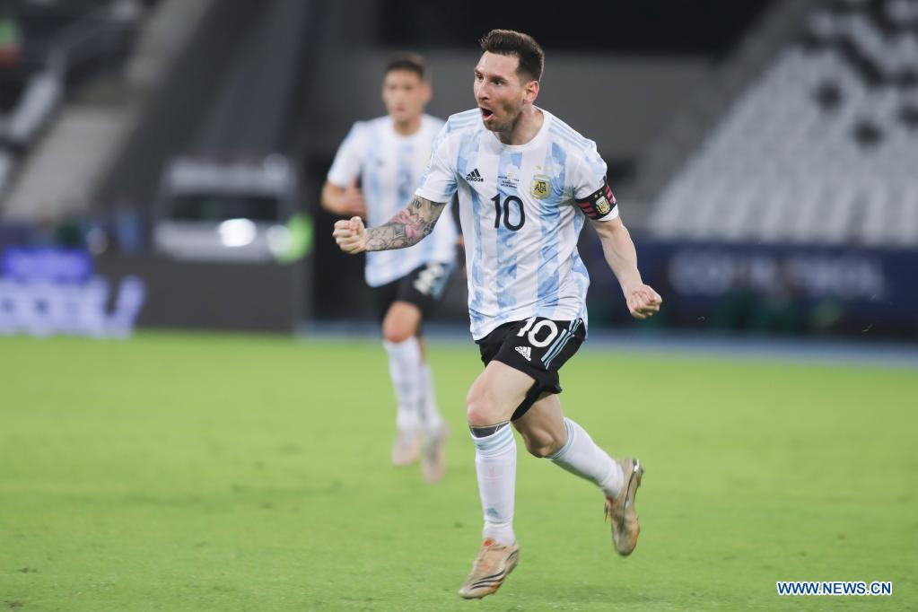 Lionel Messi of Argentina celebrates during the Group A match between Argentina and Chile at the 2021 Copa America in Brasilia, Brazil, June 14, 2021. (Xinhua/Rahel Patrasso)