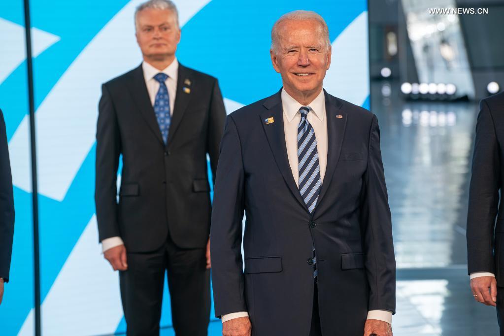 U.S. President Joe Biden (Front) poses for a group photo during a NATO summit at NATO headquarters in Brussels, Belgium, on June 14, 2021. Leaders of the North Atlantic Treaty Organization (NATO) held a face-to-face summit on Monday to show their unity and agreed on the 