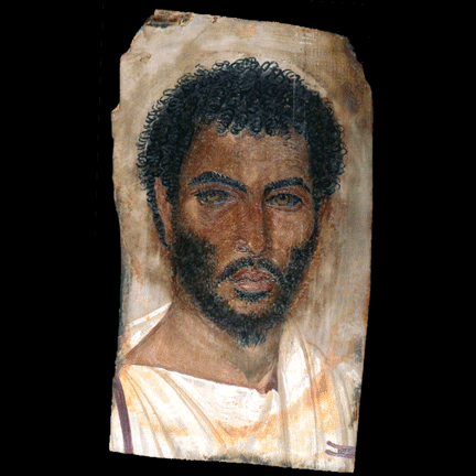 面具,后来深受罗马艺术自然风格的影响,人们将画像画在木板上再和棺木