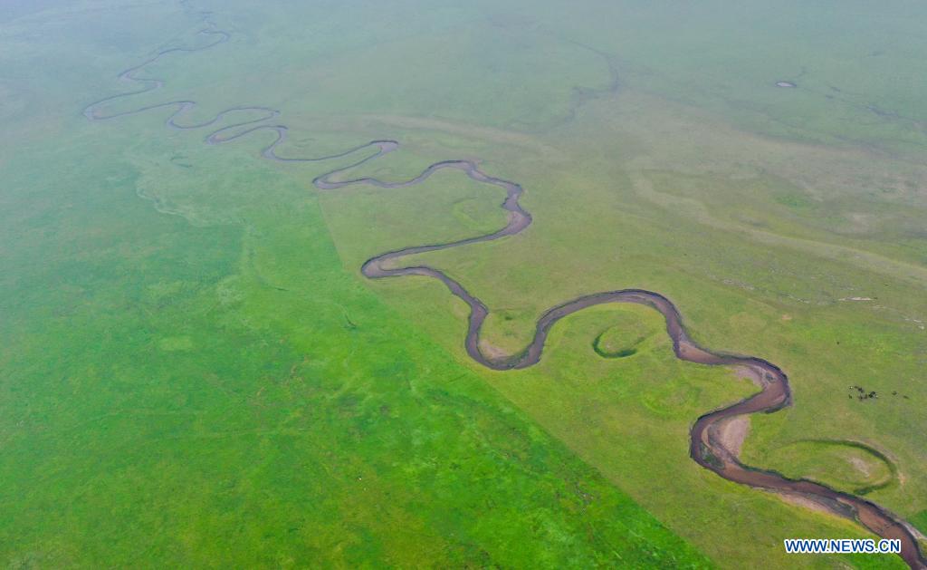 Aerial photo taken on July 12, 2021 shows the scenery of a grassland in Dong Ujimqin Banner of Xilin Gol, north China's Inner Mongolia Autonomous Region. (Xinhua/Peng Yuan)