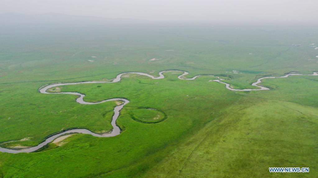 Aerial photo taken on July 12, 2021 shows the scenery of a grassland in Dong Ujimqin Banner of Xilin Gol, north China's Inner Mongolia Autonomous Region. (Xinhua/Peng Yuan)