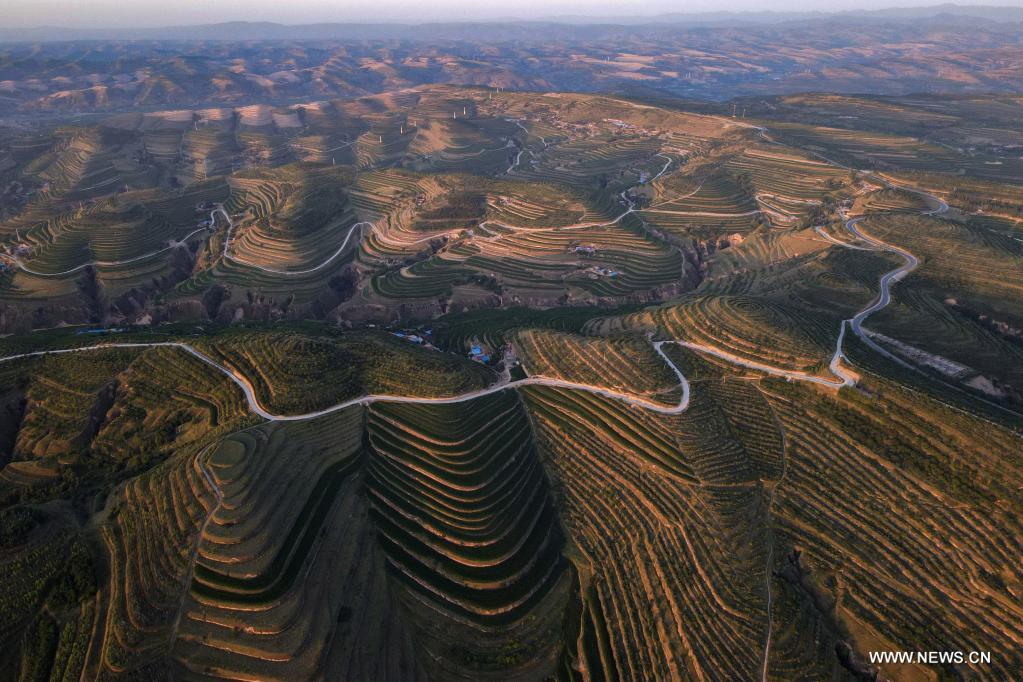 Aerial photo taken on July 13, 2021 shows terraced fields in Pengyang County of Guyuan, northwest China's Ningxia Hui Autonomous Region. (Xinhua/Tang Rufeng)