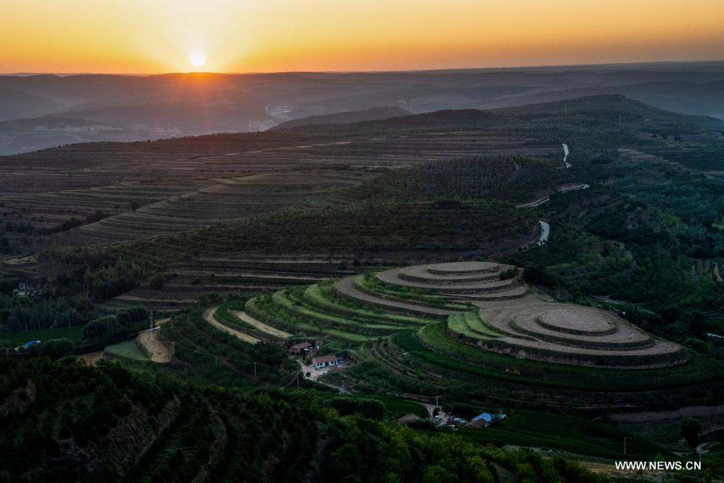 Aerial photo taken on July 13, 2021 shows terraced fields in Pengyang County of Guyuan, northwest China's Ningxia Hui Autonomous Region. (Xinhua/Feng Kaihua)