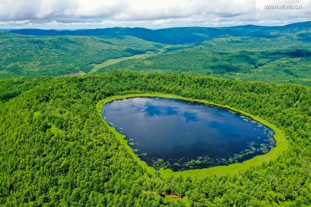 Aerial photo taken on July 14, 2021 shows the Arxan Tianchi (Heavenly Lake) in the Arxan National Forest Park, north China's Inner Mongolia Autonomous Region. (Xinhua/Lian Zhen)