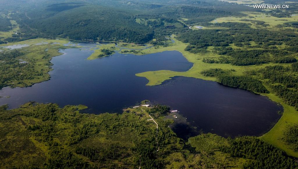 Aerial photo taken on July 14, 2021 shows the Dujuan Lake in the Arxan National Forest Park, north China's Inner Mongolia Autonomous Region. (Xinhua/Peng Yuan)