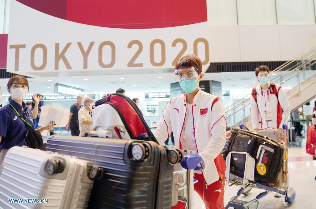 Members of Chinese Olympic delegation arrive at the Narita airport in Tokyo, Japan, July 18, 2021. (Xinhua/Li Yibo)