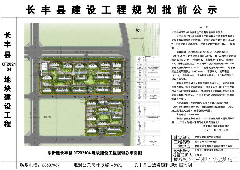 近日 小布获悉 合肥市长丰县cf202104地块建设工程 规划正在进行批前