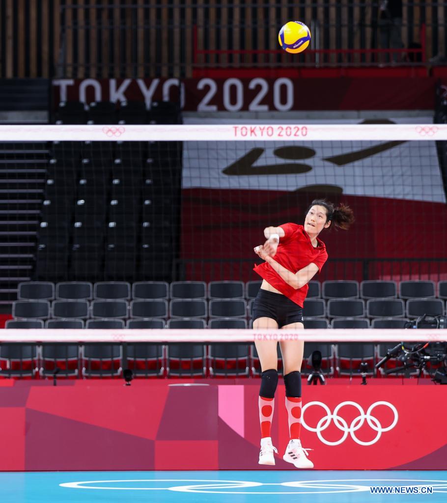 Zhu Ting of China's women's volleyball team attends a training session at Ariake Arena in Tokyo, Japan, July 21, 2021. (Xinhua/Ding Ting)