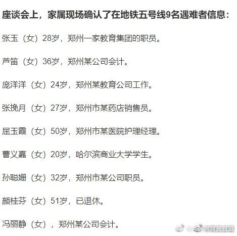 郑州地铁五号线9位遇难者信息确认,均为女性休闲区蓝鸢梦想 - Www.slyday.coM 郑州地铁五号线9位遇难者信息确认,均为女性休闲区蓝鸢梦想 - Www.slyday.coM